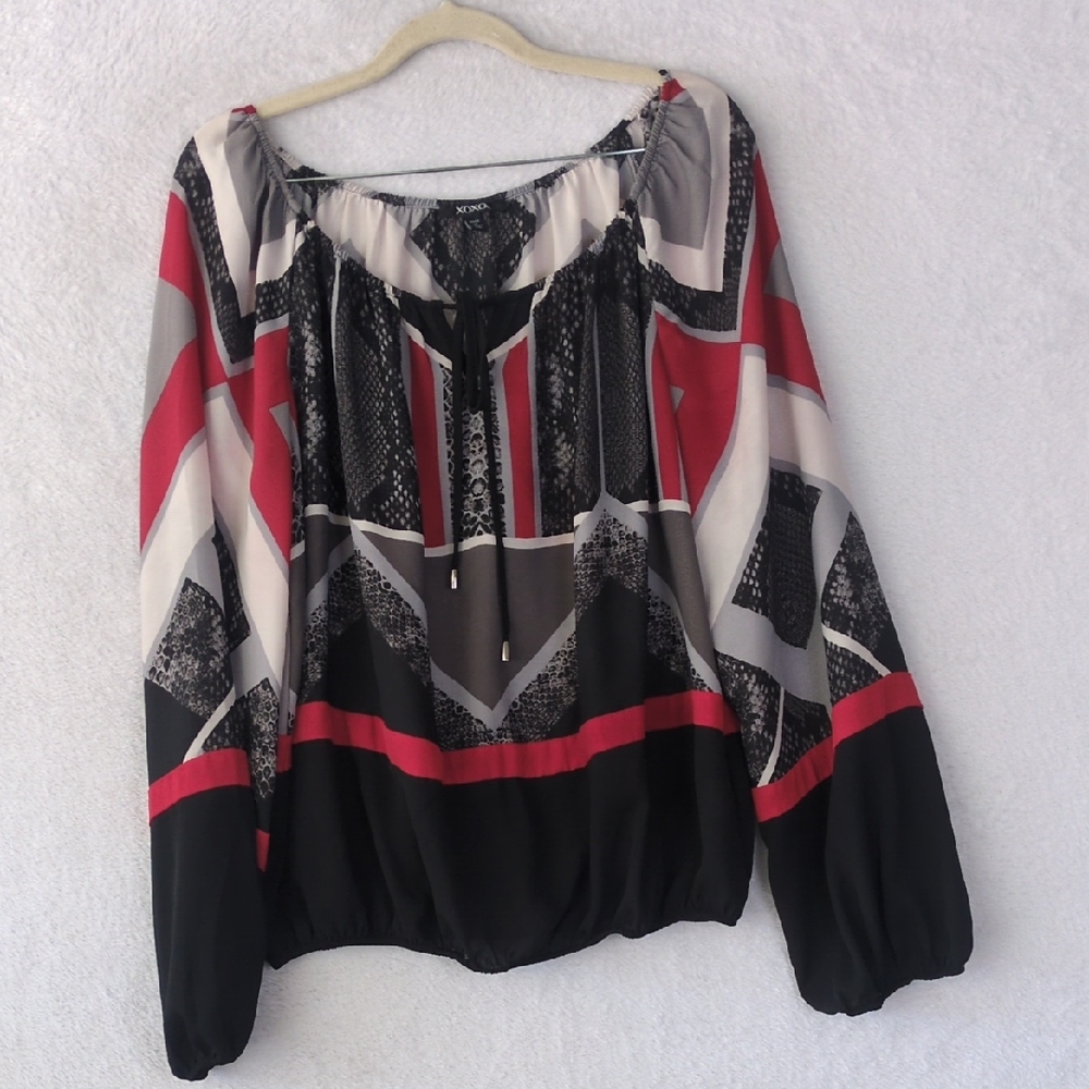 XOXO Women's Black & Red Sheer Patterned‎ Long Sleeve Blouse Size XL